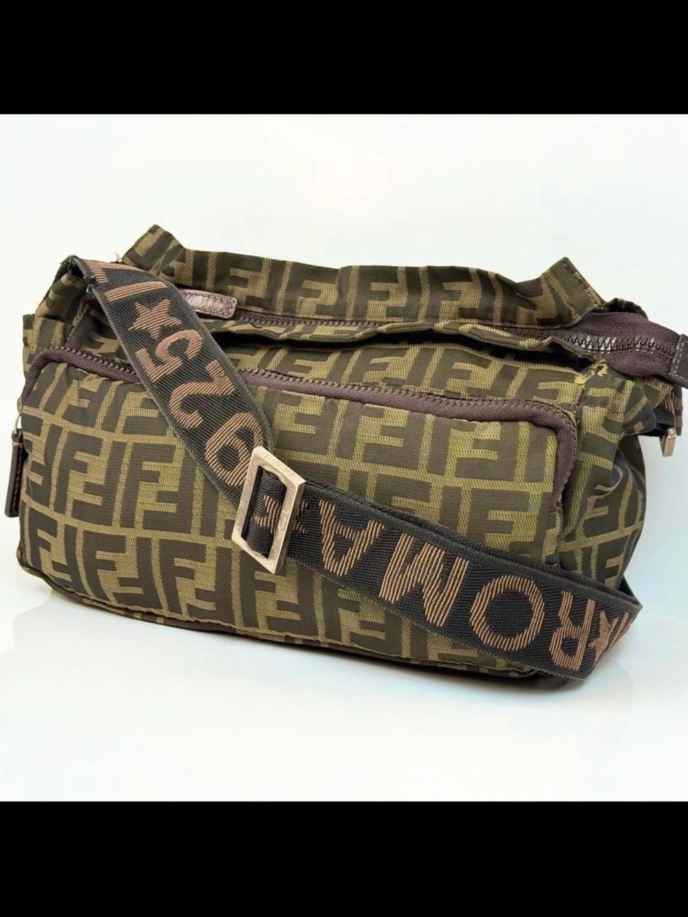 Fendi Brown Olive FF Logo Messenger Bag with Branded Strap